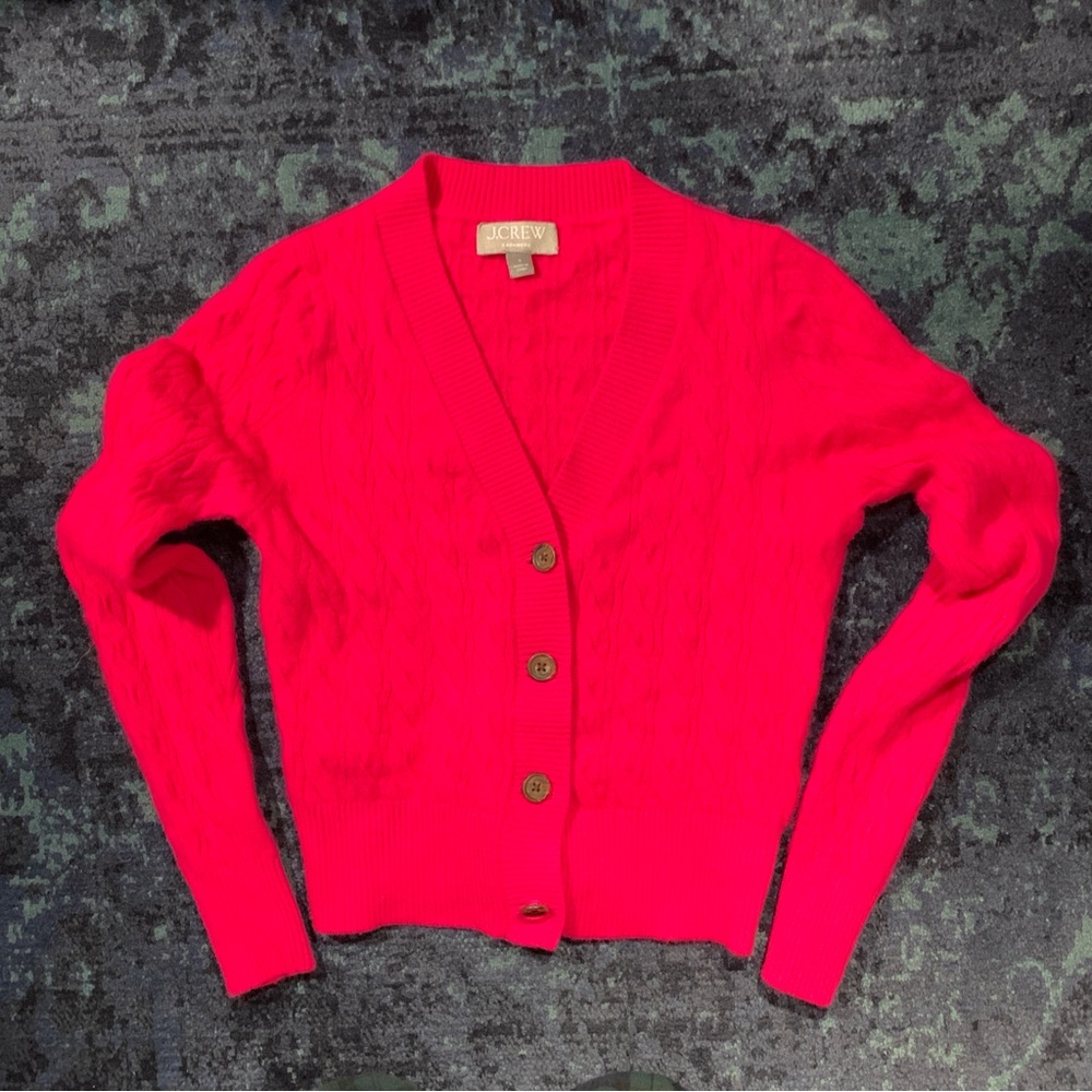J Crew Cashmere shrunken cable-knit cardigan sweater, Small, Neon Pink, V-neck